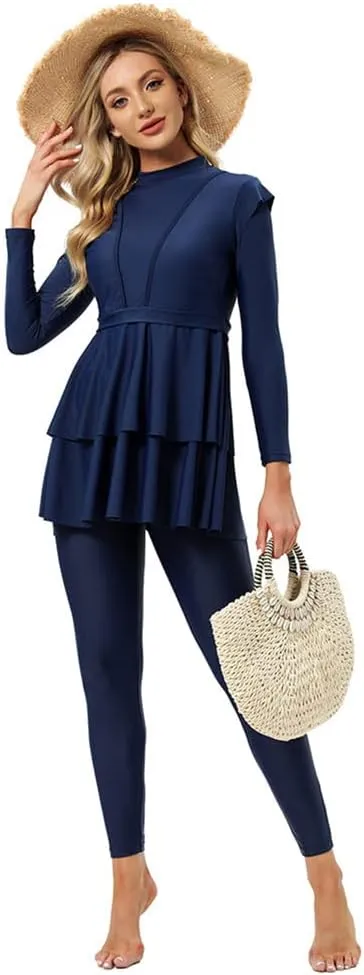 Women Burkini Swimsuits Modest Muslim Swimwear Islamic Ruffle Long Sleeve Full Cover Hijab Top Swim Pants Bathing Suit