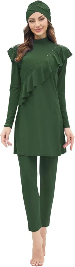 Women Burkini Swimsuits Modest Muslim Swimwear Islamic Ruffle Long Sleeve Full Cover Hijab Top Swim Pants Bathing Suit