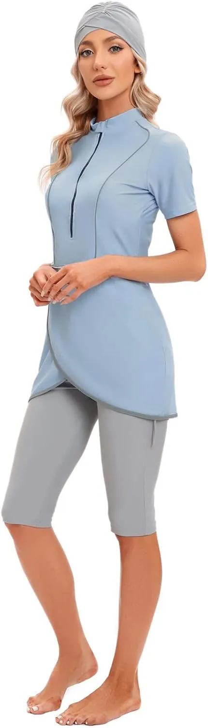Women Burkini Swimsuits Modest Muslim Swimwear Islamic Short Sleeve Full Cover Hijab Top Swim Capris ​Pants Set