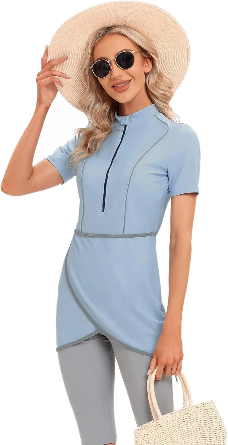 Women Burkini Swimsuits Modest Muslim Swimwear Islamic Short Sleeve Full Cover Hijab Top Swim Capris ​Pants Set