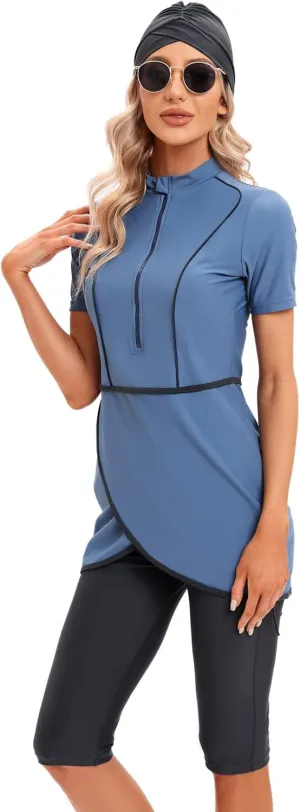Women Burkini Swimsuits Modest Muslim Swimwear Islamic Short Sleeve Full Cover Hijab Top Swim Capris ​Pants Set