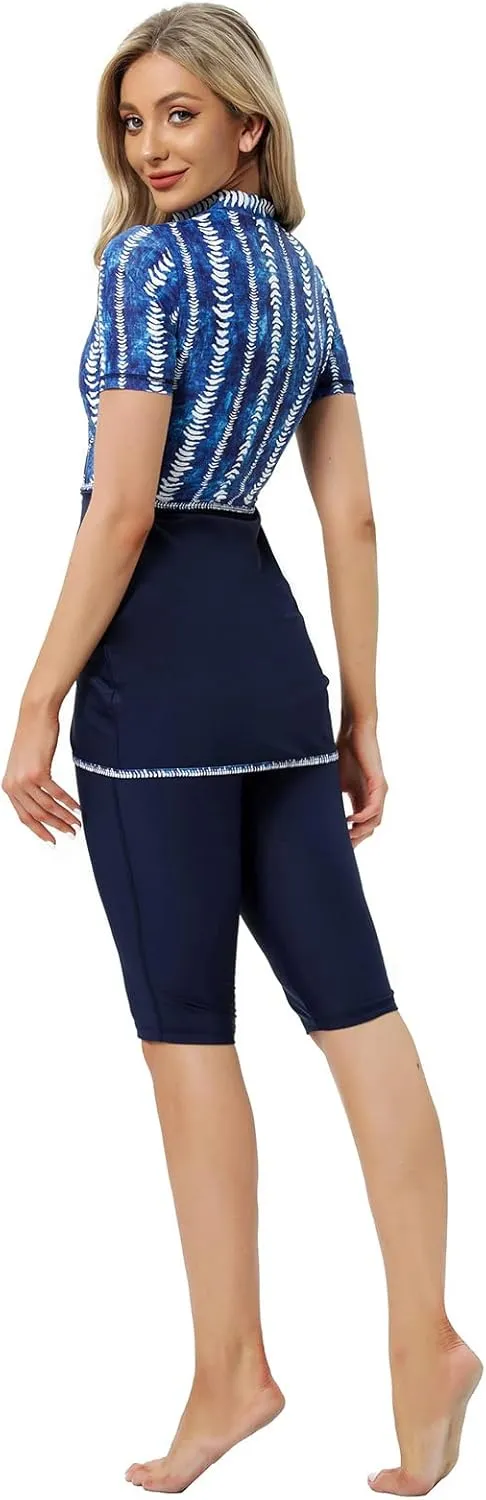Women Burkini Swimsuits Modest Muslim Swimwear Islamic Short Sleeve Full Cover Hijab Top Swim Capris ​Pants Set