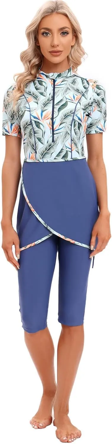 Women Burkini Swimsuits Modest Muslim Swimwear Islamic Short Sleeve Full Cover Hijab Top Swim Capris ​Pants Set