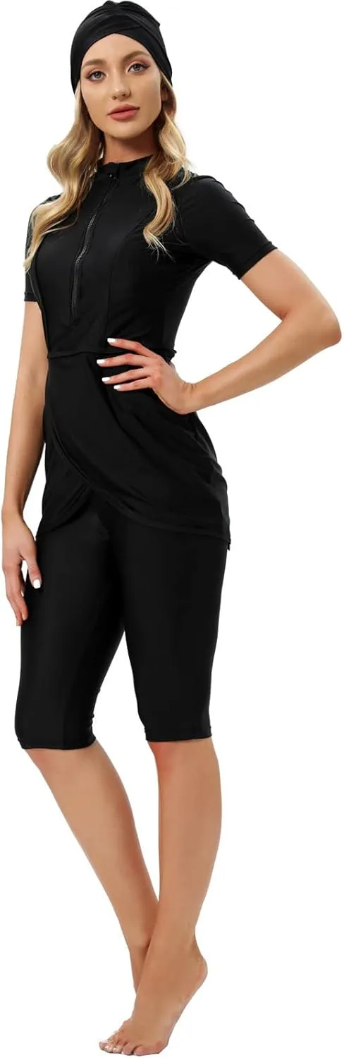 Women Burkini Swimsuits Modest Muslim Swimwear Islamic Short Sleeve Full Cover Hijab Top Swim Capris ​Pants Set