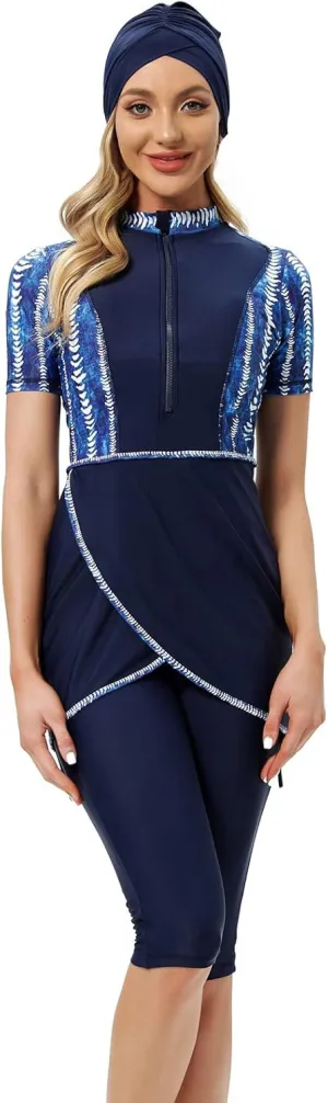 Women Burkini Swimsuits Modest Muslim Swimwear Islamic Short Sleeve Full Cover Hijab Top Swim Capris ​Pants Set