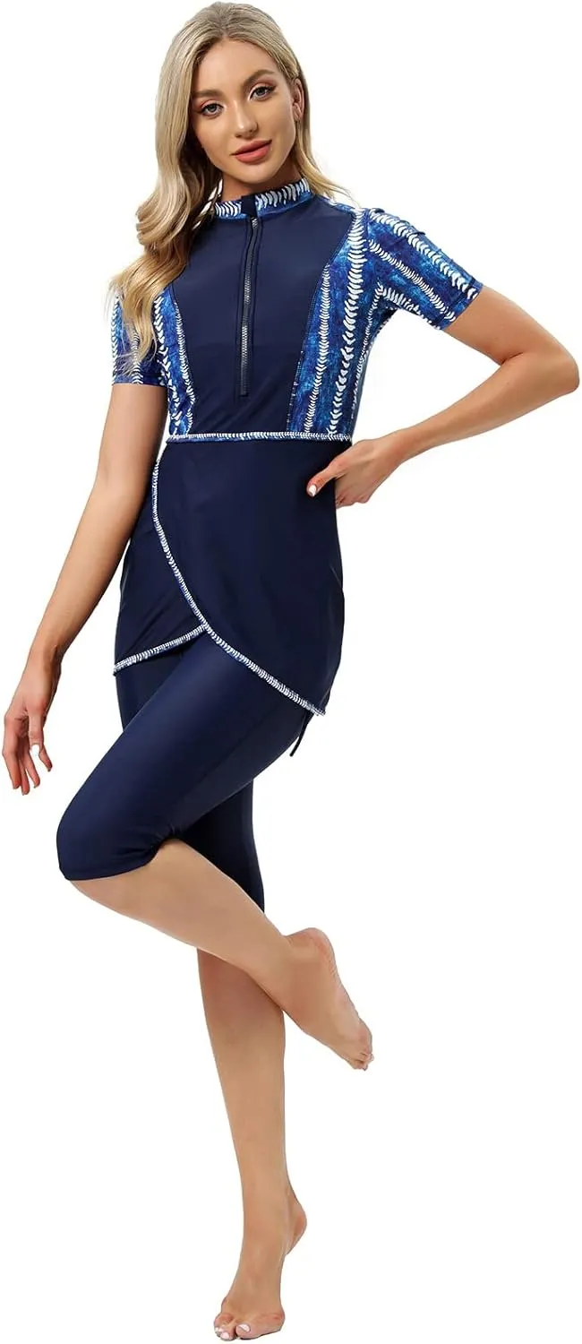 Women Burkini Swimsuits Modest Muslim Swimwear Islamic Short Sleeve Full Cover Hijab Top Swim Capris ​Pants Set