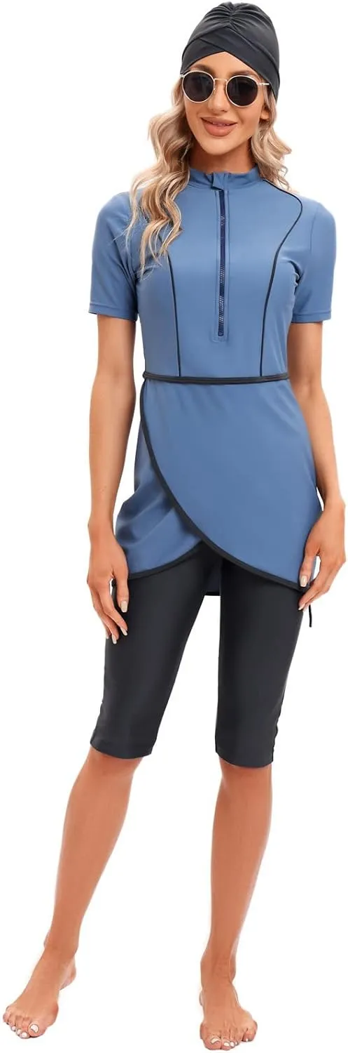 Women Burkini Swimsuits Modest Muslim Swimwear Islamic Short Sleeve Full Cover Hijab Top Swim Capris ​Pants Set