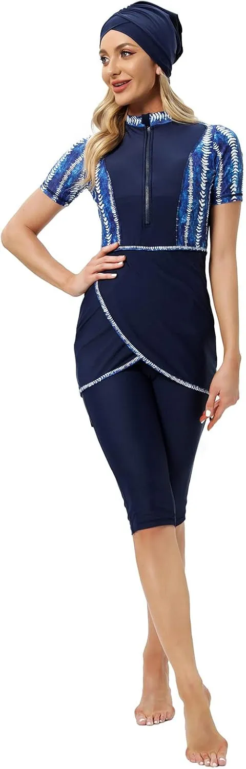 Women Burkini Swimsuits Modest Muslim Swimwear Islamic Short Sleeve Full Cover Hijab Top Swim Capris ​Pants Set