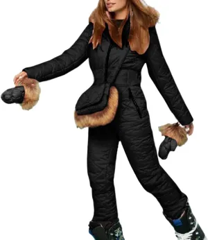 Women Ski Suit Jumpsuit Onesie Outdoor Sports Waterproof Snowsuit One Piece with Hood Removable Fur Collar