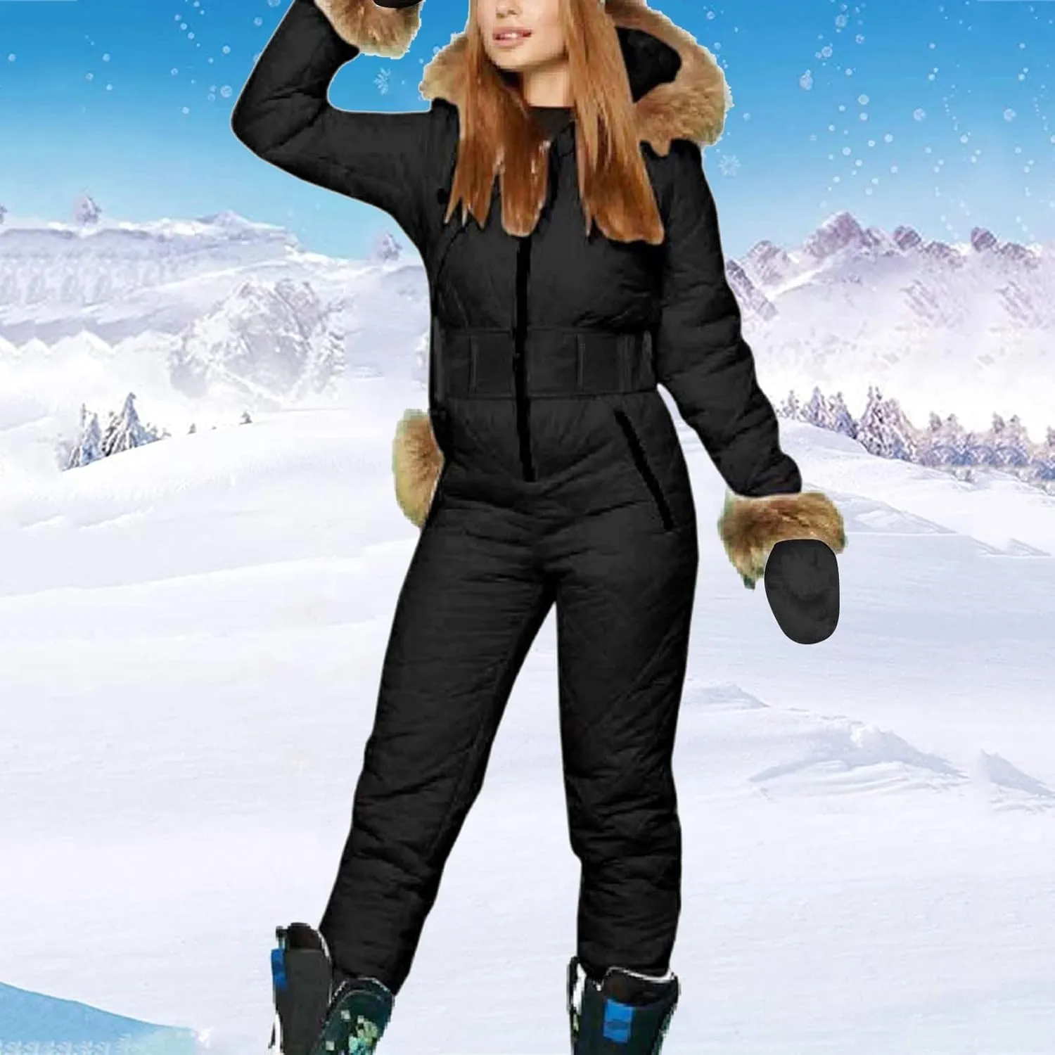 Women Ski Suit Jumpsuit Onesie Outdoor Sports Waterproof Snowsuit One Piece with Hood Removable Fur Collar