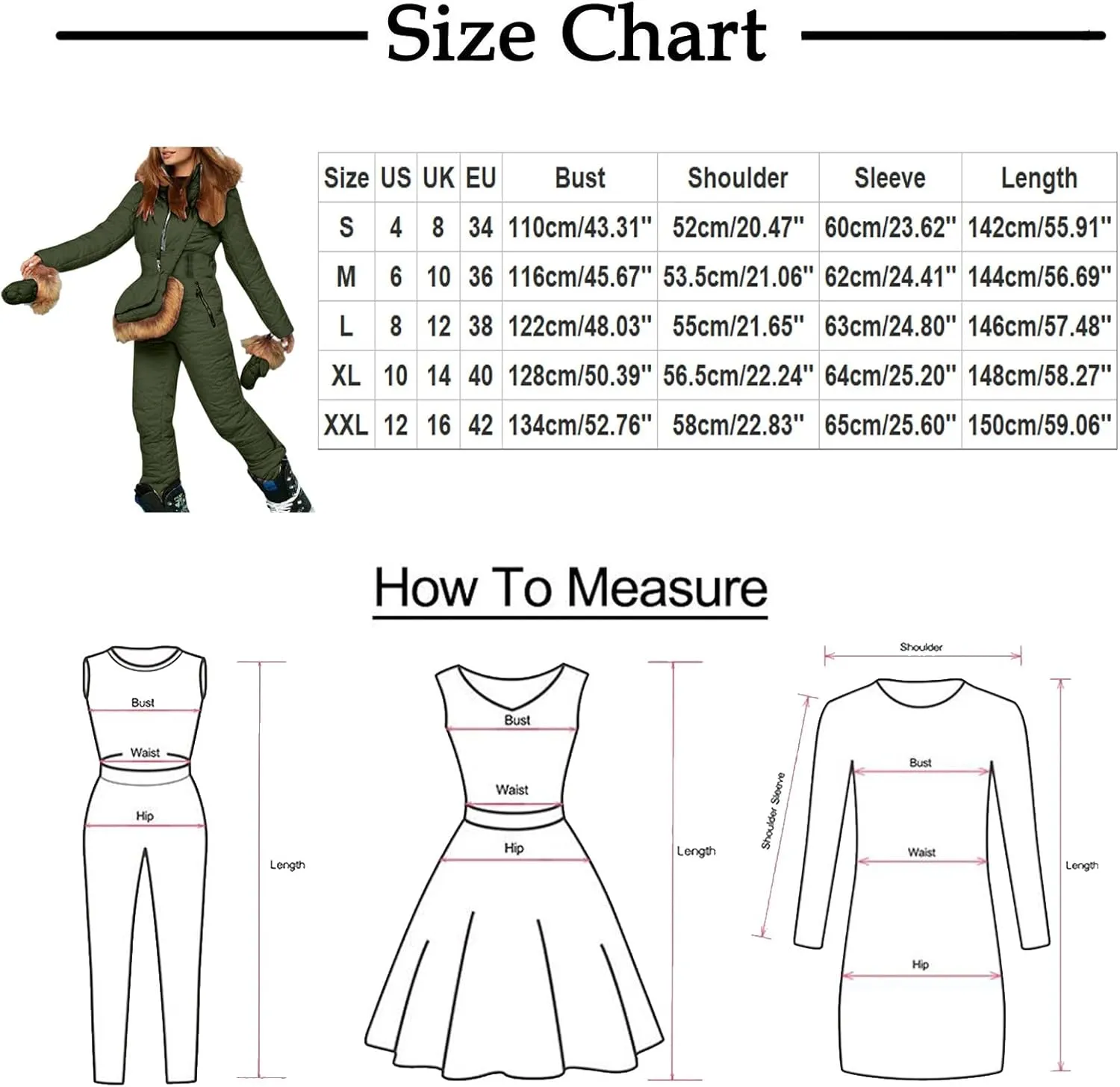 Women Ski Suit Jumpsuit Onesie Outdoor Sports Waterproof Snowsuit One Piece with Hood Removable Fur Collar