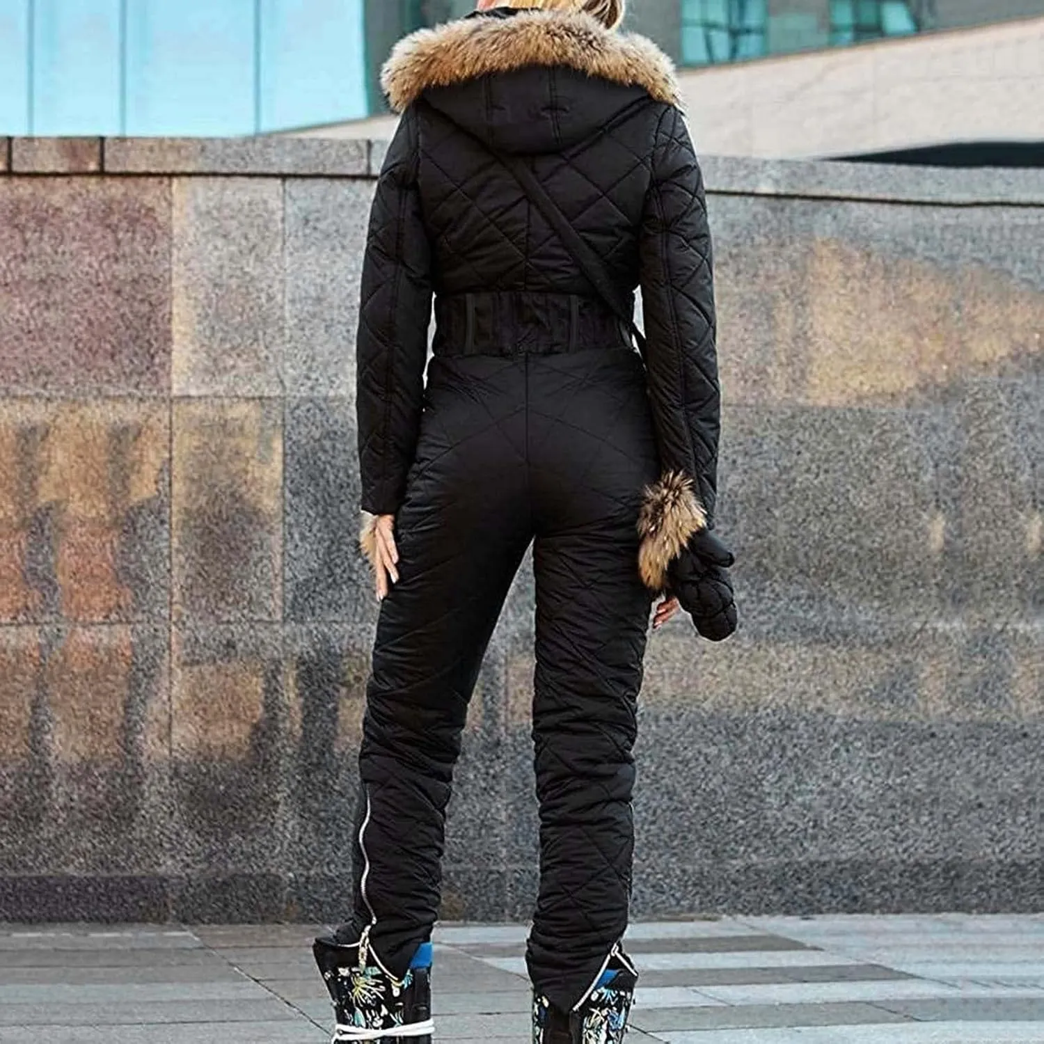 Women Ski Suit Jumpsuit Onesie Outdoor Sports Waterproof Snowsuit One Piece with Hood Removable Fur Collar