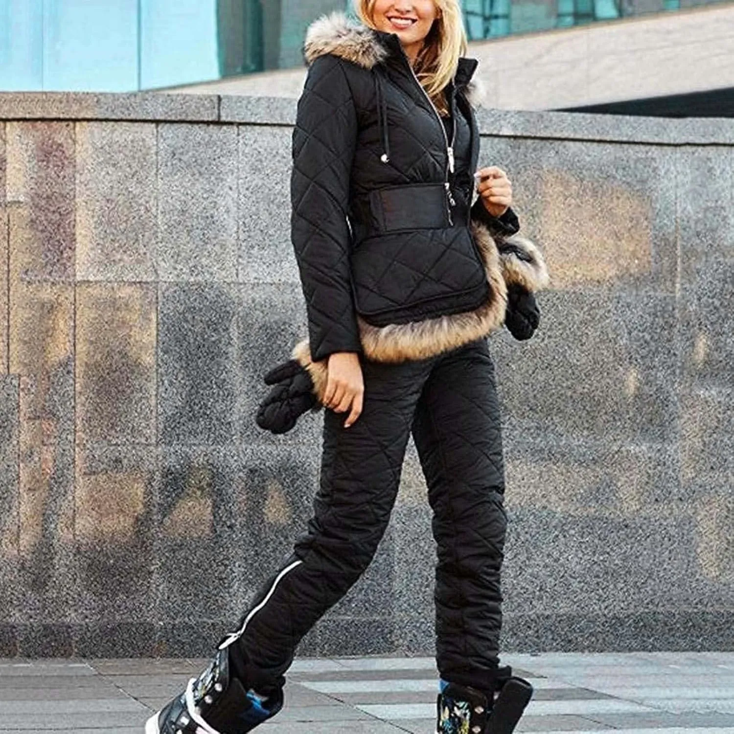 Women Ski Suit Jumpsuit Onesie Outdoor Sports Waterproof Snowsuit One Piece with Hood Removable Fur Collar