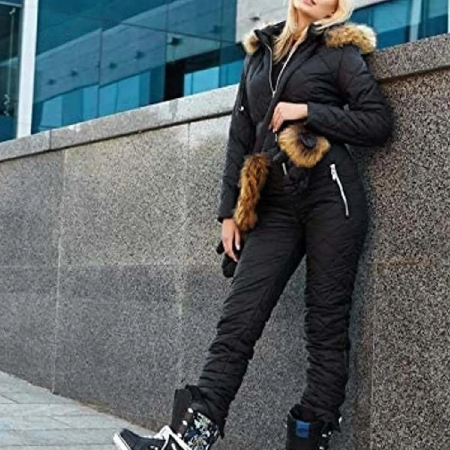 Women Ski Suit Jumpsuit Onesie Outdoor Sports Waterproof Snowsuit One Piece with Hood Removable Fur Collar