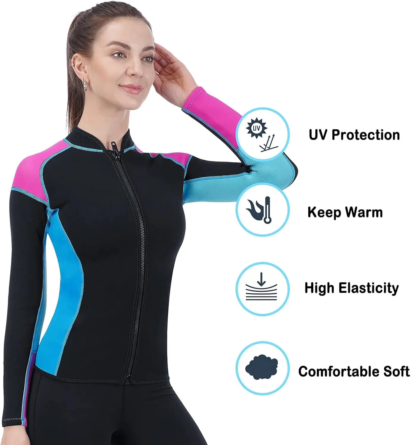 Women Wetsuit Top Swim Jacket Mens Youth Wet Suit Shirt 2mm Neoprene Thermal Swimsuit Front Zip Long Sleeve Cold Water Keep Warm Snorkeling Diving Surfing
