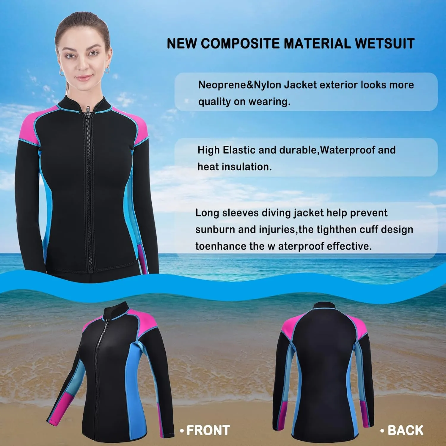 Women Wetsuit Top Swim Jacket Mens Youth Wet Suit Shirt 2mm Neoprene Thermal Swimsuit Front Zip Long Sleeve Cold Water Keep Warm Snorkeling Diving Surfing