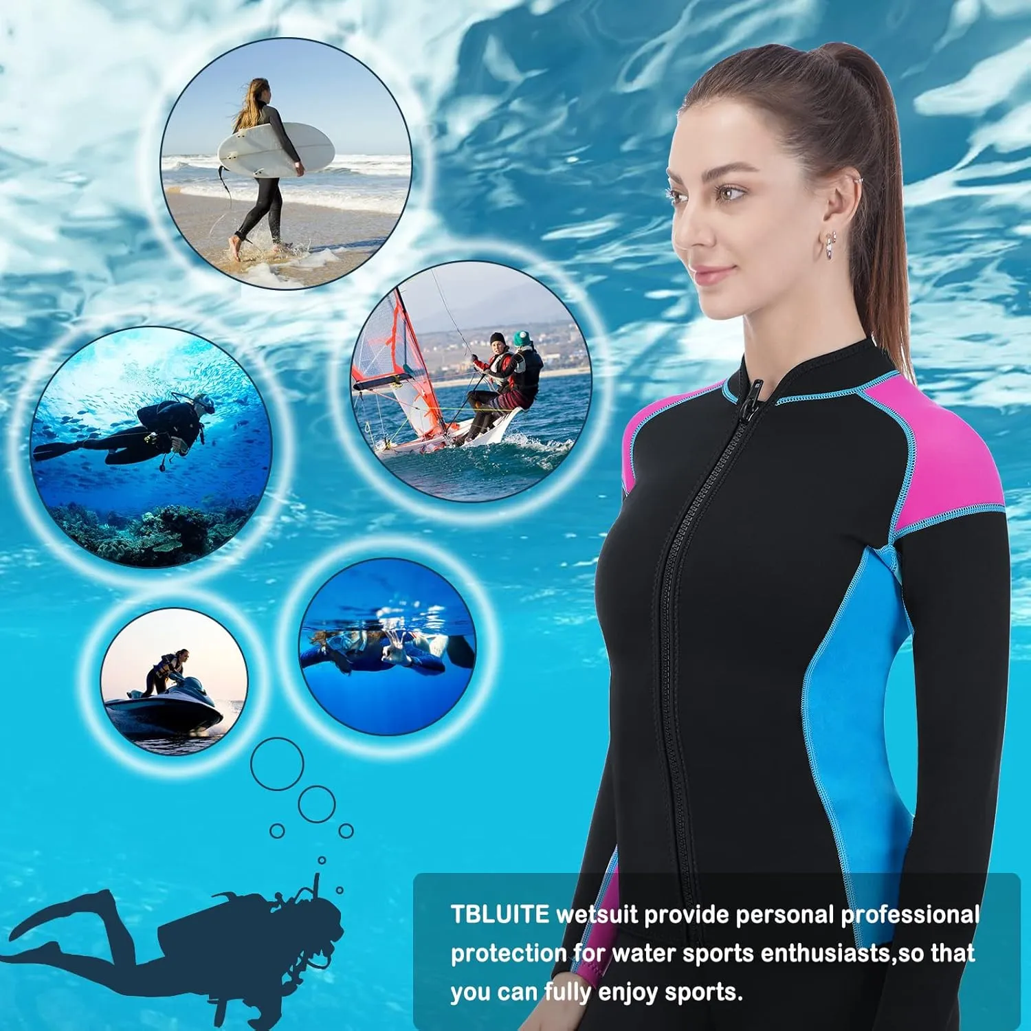 Women Wetsuit Top Swim Jacket Mens Youth Wet Suit Shirt 2mm Neoprene Thermal Swimsuit Front Zip Long Sleeve Cold Water Keep Warm Snorkeling Diving Surfing