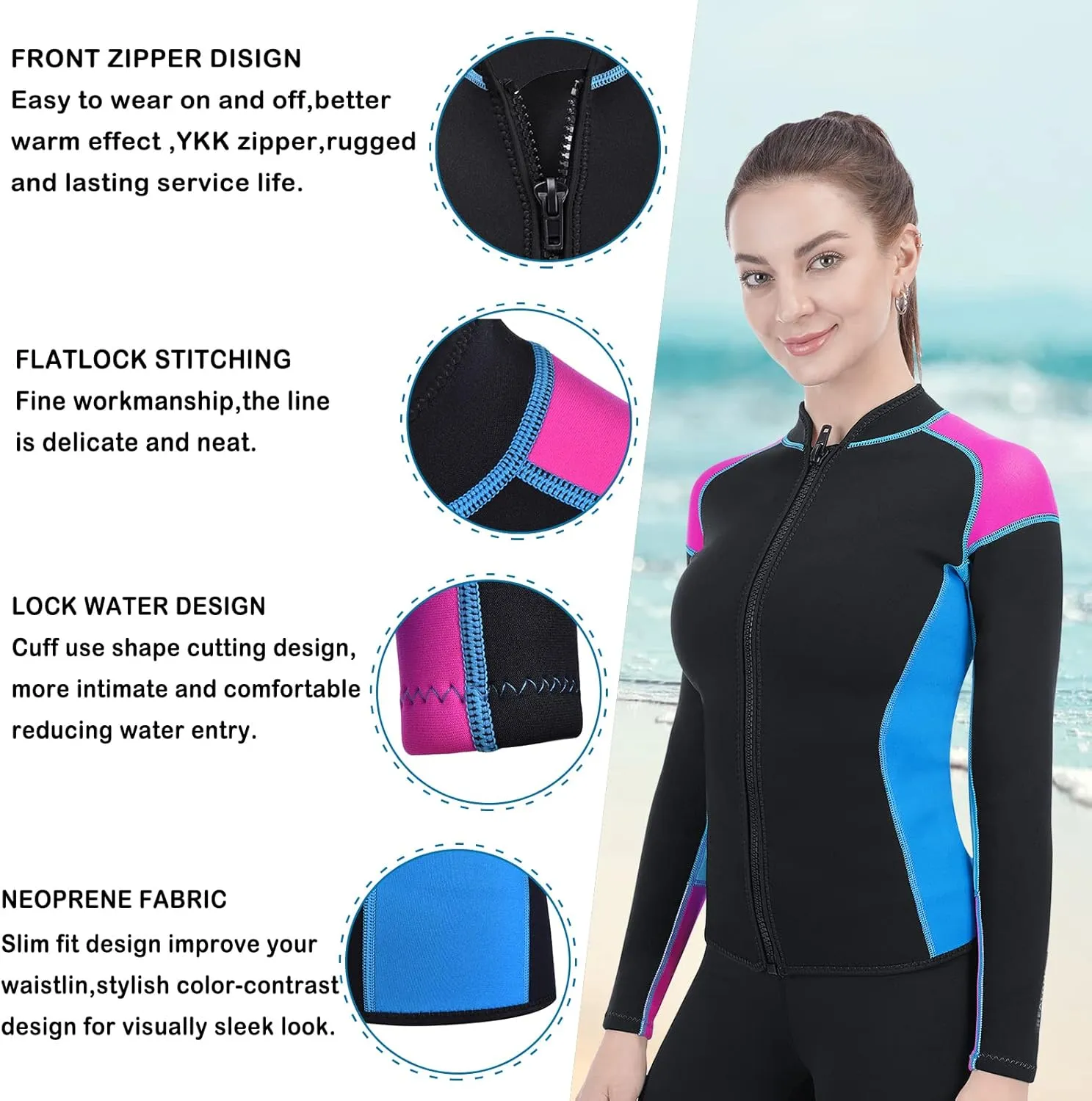 Women Wetsuit Top Swim Jacket Mens Youth Wet Suit Shirt 2mm Neoprene Thermal Swimsuit Front Zip Long Sleeve Cold Water Keep Warm Snorkeling Diving Surfing