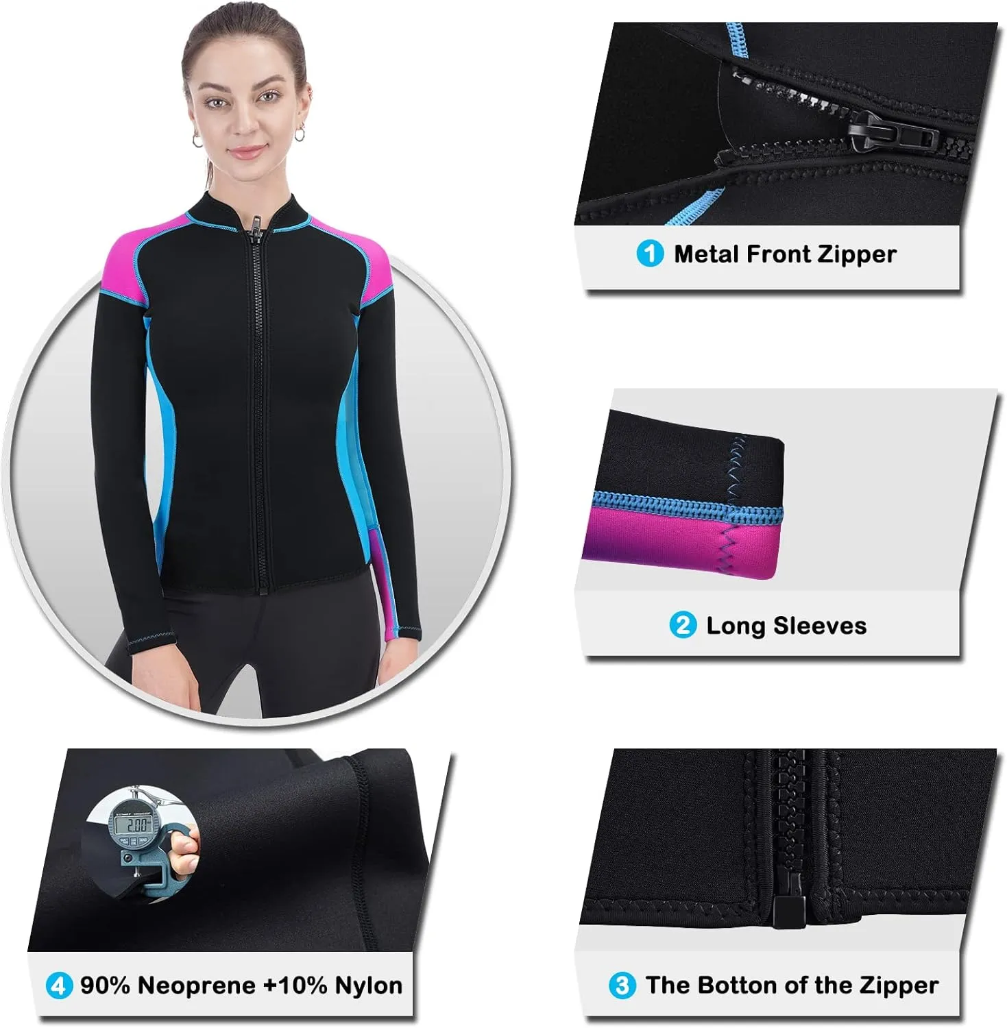 Women Wetsuit Top Swim Jacket Mens Youth Wet Suit Shirt 2mm Neoprene Thermal Swimsuit Front Zip Long Sleeve Cold Water Keep Warm Snorkeling Diving Surfing