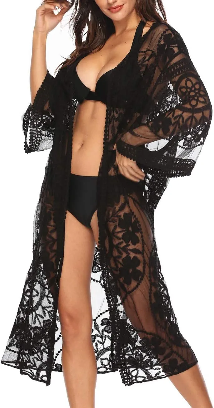 Women's Lace Cardigan Floral Crochet Sheer Beach Cover Ups Long Open Kimono
