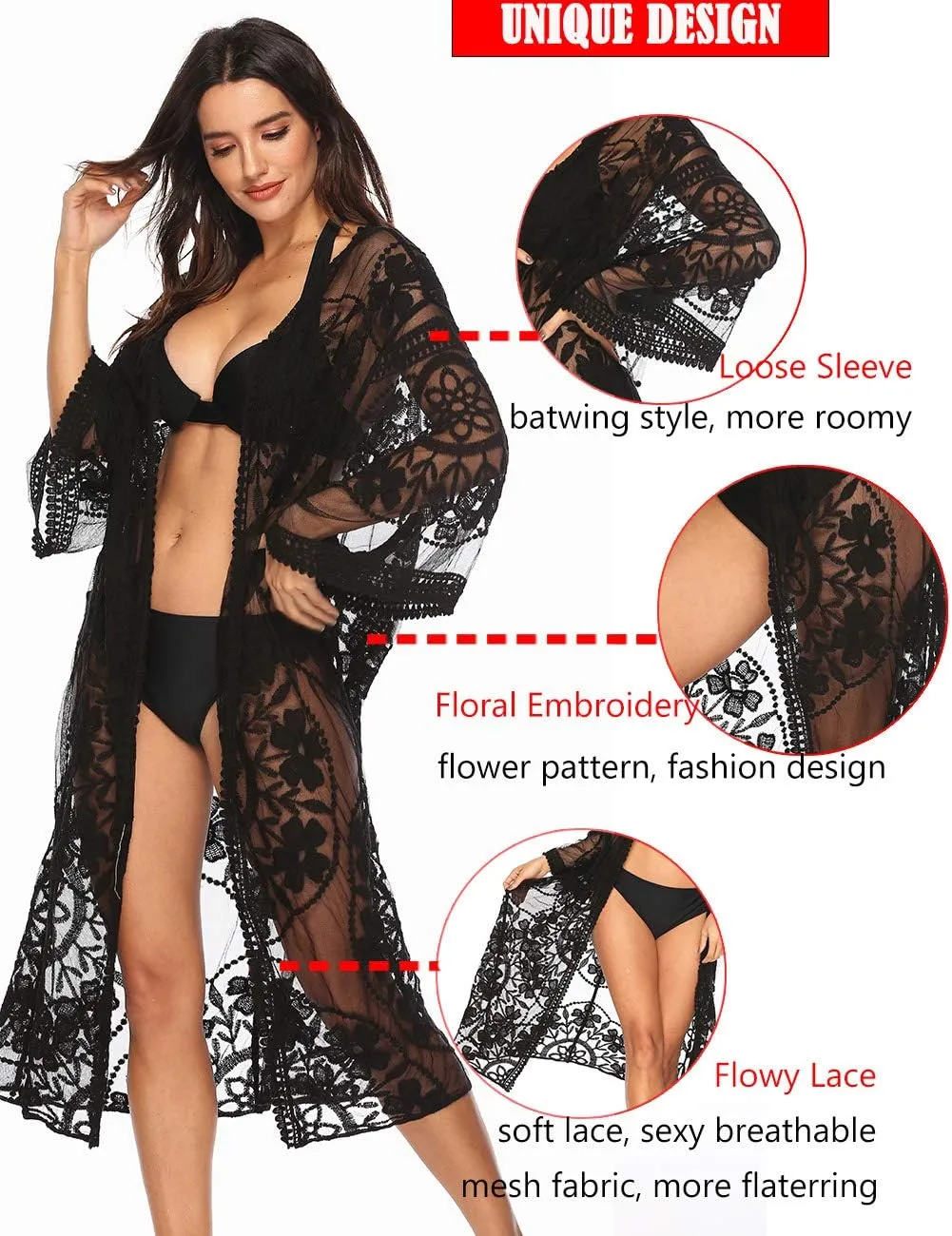 Women's Lace Cardigan Floral Crochet Sheer Beach Cover Ups Long Open Kimono