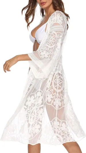 Women's Lace Cardigan Floral Crochet Sheer Beach Cover Ups Long Open Kimono