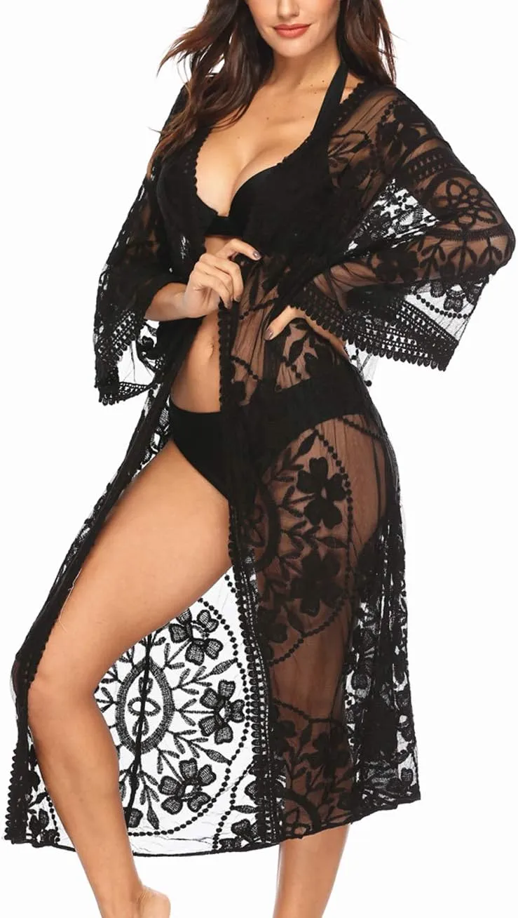 Women's Lace Cardigan Floral Crochet Sheer Beach Cover Ups Long Open Kimono