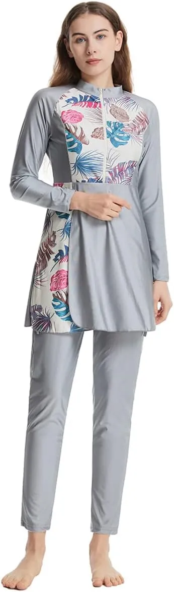 Womens Muslim Swimsuits Solid Color Swim Full Coverage Swimwear Modest Islamic Arabic Ladies Swimming Burkini Bathing Suit