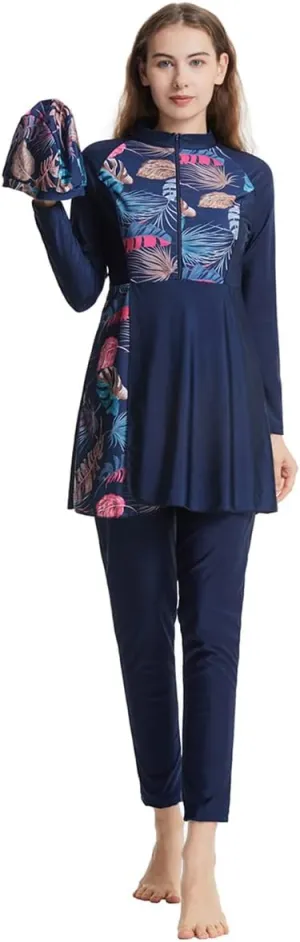 Womens Muslim Swimsuits Solid Color Swim Full Coverage Swimwear Modest Islamic Arabic Ladies Swimming Burkini Bathing Suit