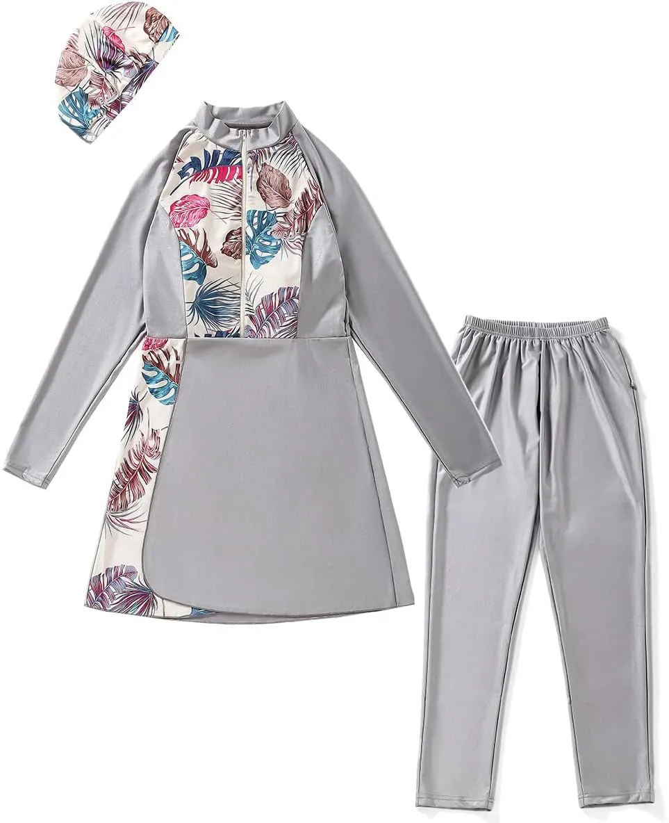 Womens Muslim Swimsuits Solid Color Swim Full Coverage Swimwear Modest Islamic Arabic Ladies Swimming Burkini Bathing Suit