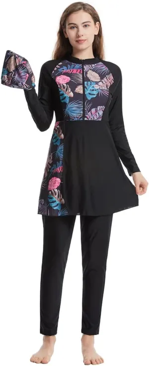 Womens Muslim Swimsuits Solid Color Swim Full Coverage Swimwear Modest Islamic Arabic Ladies Swimming Burkini Bathing Suit