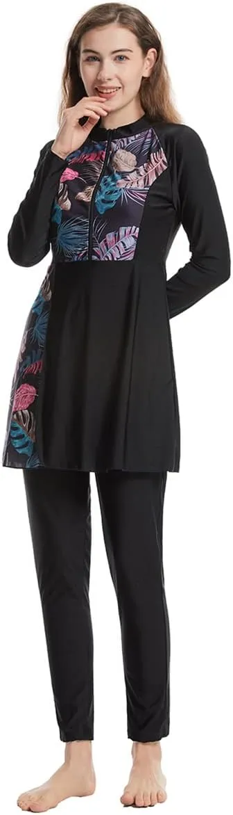 Womens Muslim Swimsuits Solid Color Swim Full Coverage Swimwear Modest Islamic Arabic Ladies Swimming Burkini Bathing Suit