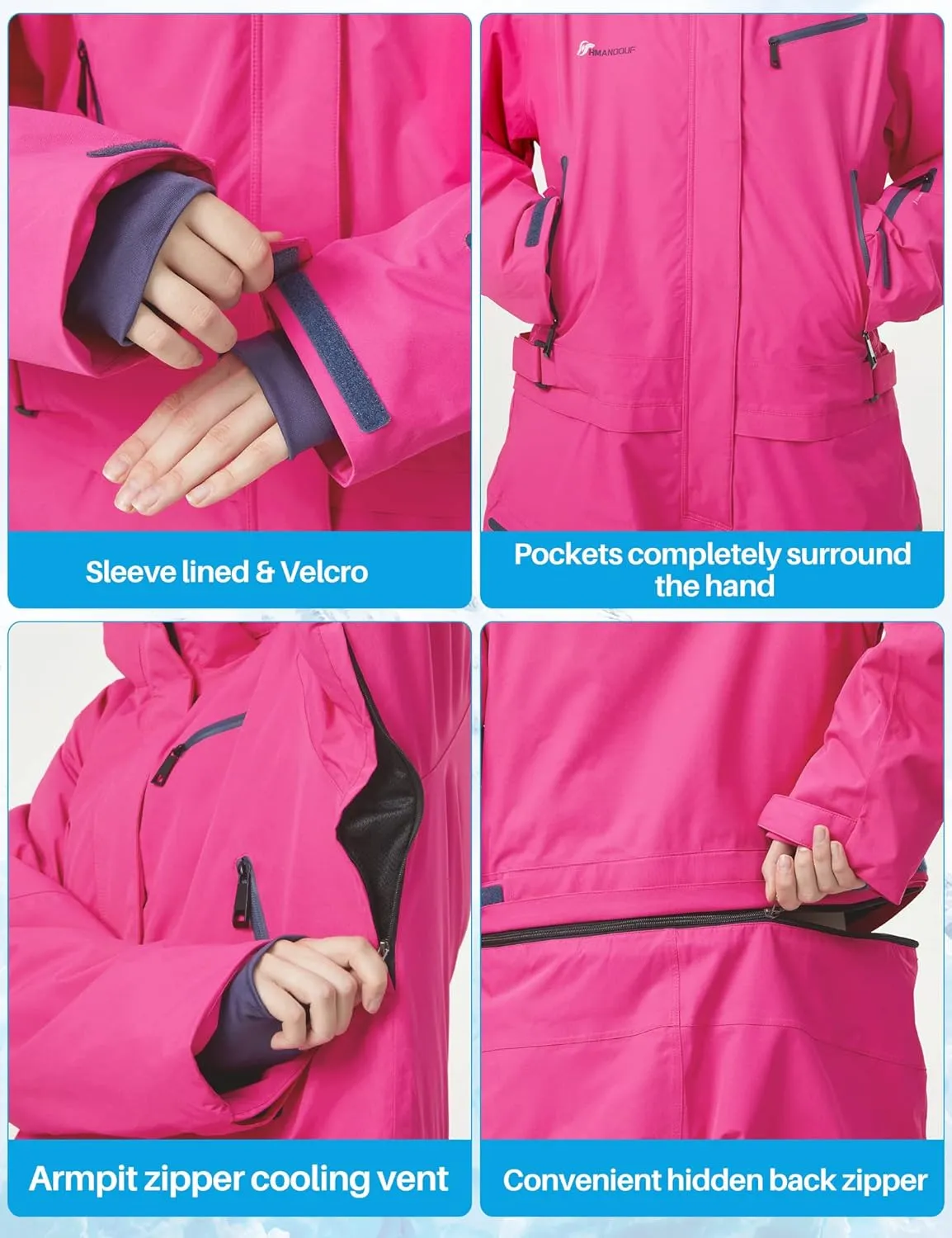 Womens One Pieces Ski Suits Winter Waterproof Onesies Snowsuit Removable Hood Ski Jumpsuits for Outdoor Sports