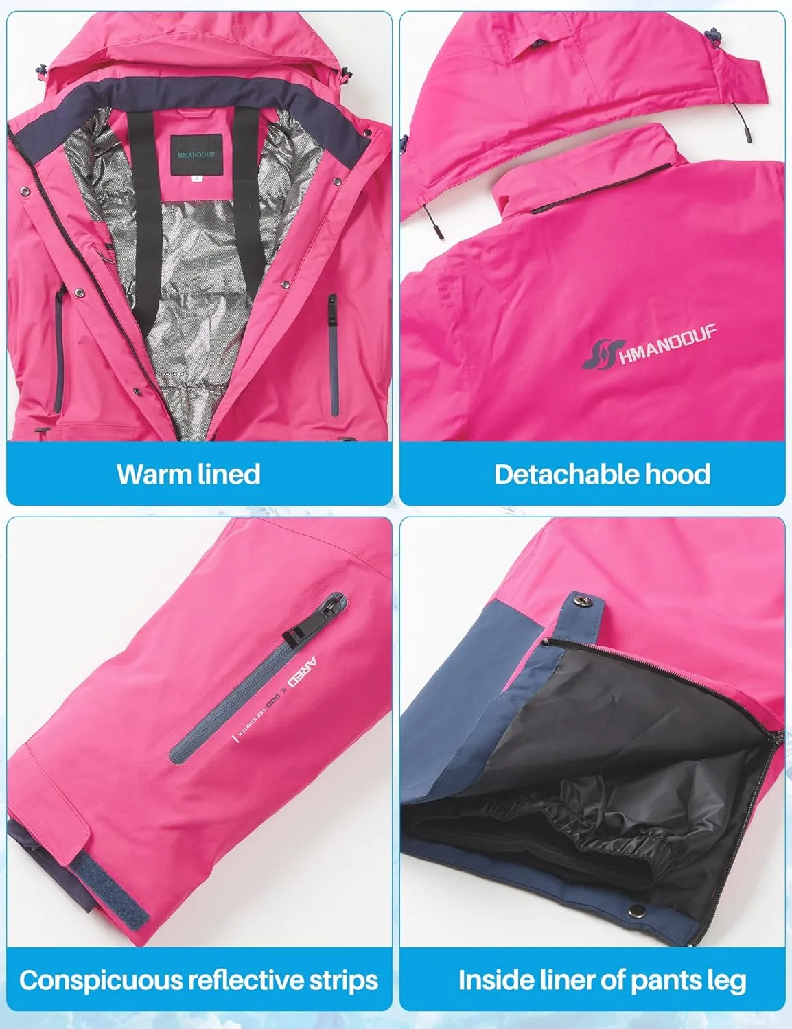 Womens One Pieces Ski Suits Winter Waterproof Onesies Snowsuit Removable Hood Ski Jumpsuits for Outdoor Sports
