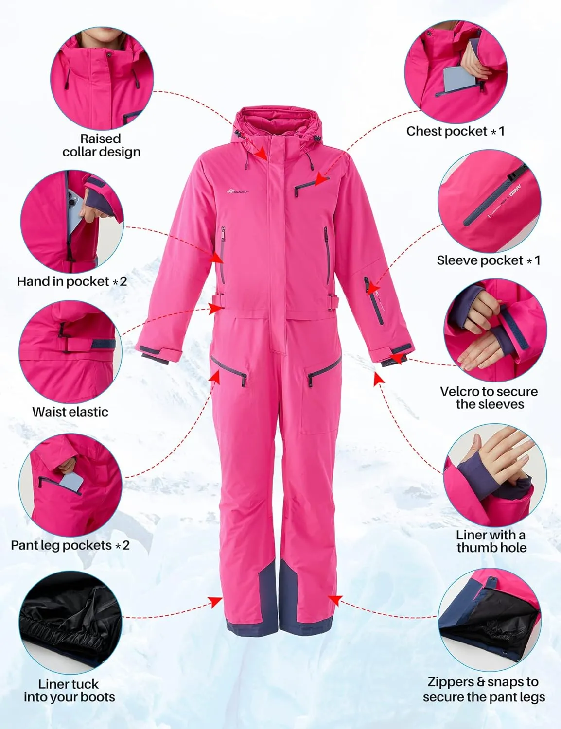 Womens One Pieces Ski Suits Winter Waterproof Onesies Snowsuit Removable Hood Ski Jumpsuits for Outdoor Sports