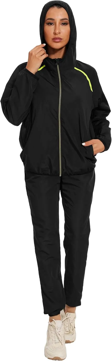 Women’s Rain Suit Waterproof Hiking Pants Windproof Rain Jacket Raincoat with Hook Pocket