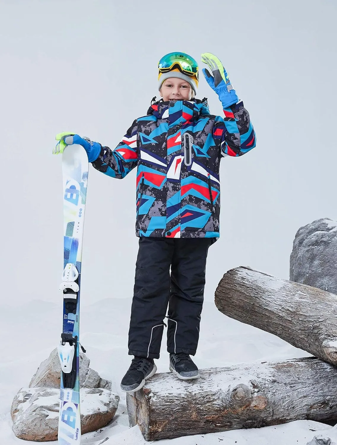 WOWULOVELY Big Boy's 2-Piece Colorblock Snow Pants and Jacket Snowsuit Ski Suit