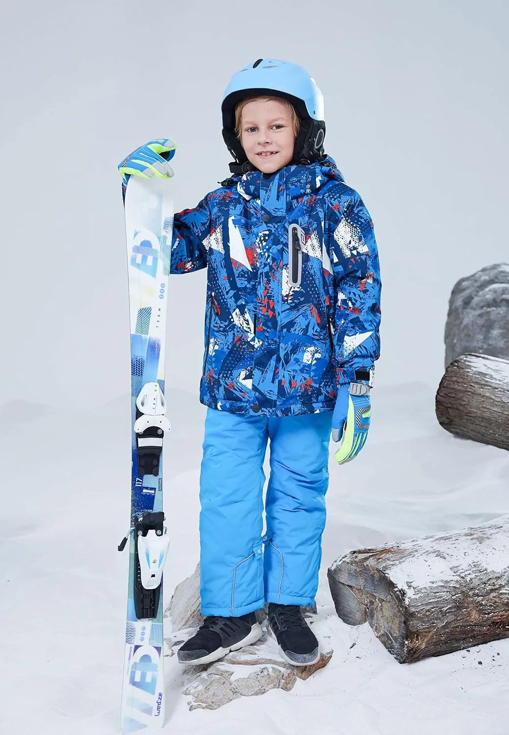 WOWULOVELY Big Boy's 2-Piece Colorblock Snow Pants and Jacket Snowsuit Ski Suit
