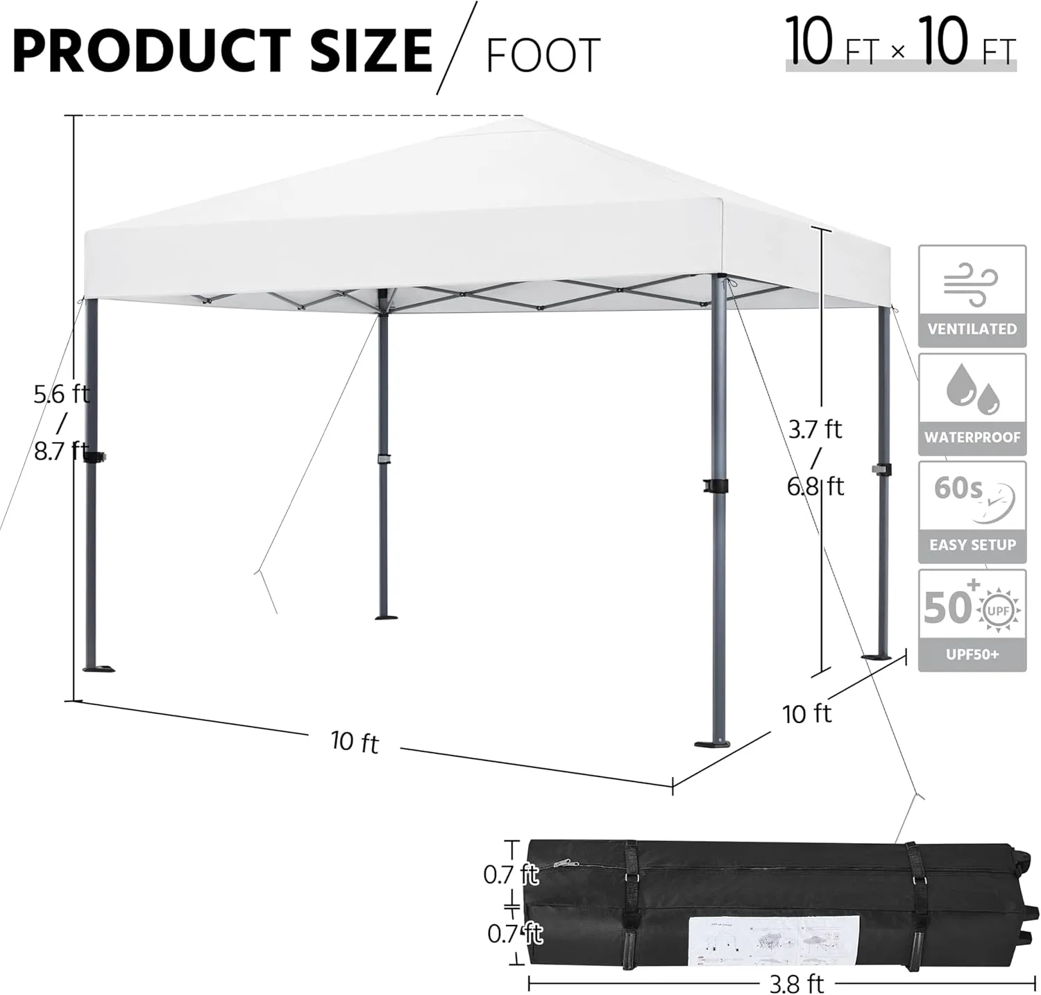 Yaheetech 10x10 1-Person Setup Pop Up Canopy Tent, Instant Portable Commercial Canopy Tent, Outdoor Gazebo with 1-Button Push, Wheeled Bag & 4 Sandbags for Home, Party & Outdoor Activities, White