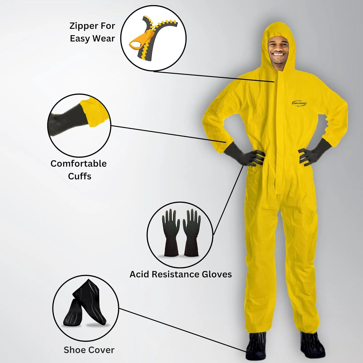 Yellow Coverall Chemical Suit With Reusable Acid Resistant Gloves And Plastic Waterproof Shoe Cover