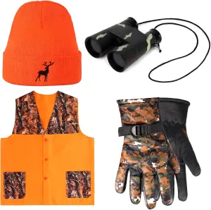 Yewong Adult Camouflage Orange Hunting Vest and Hat Set with Camo Gloves Binocular for Outdoor Sports Fishing Hunting Hiking