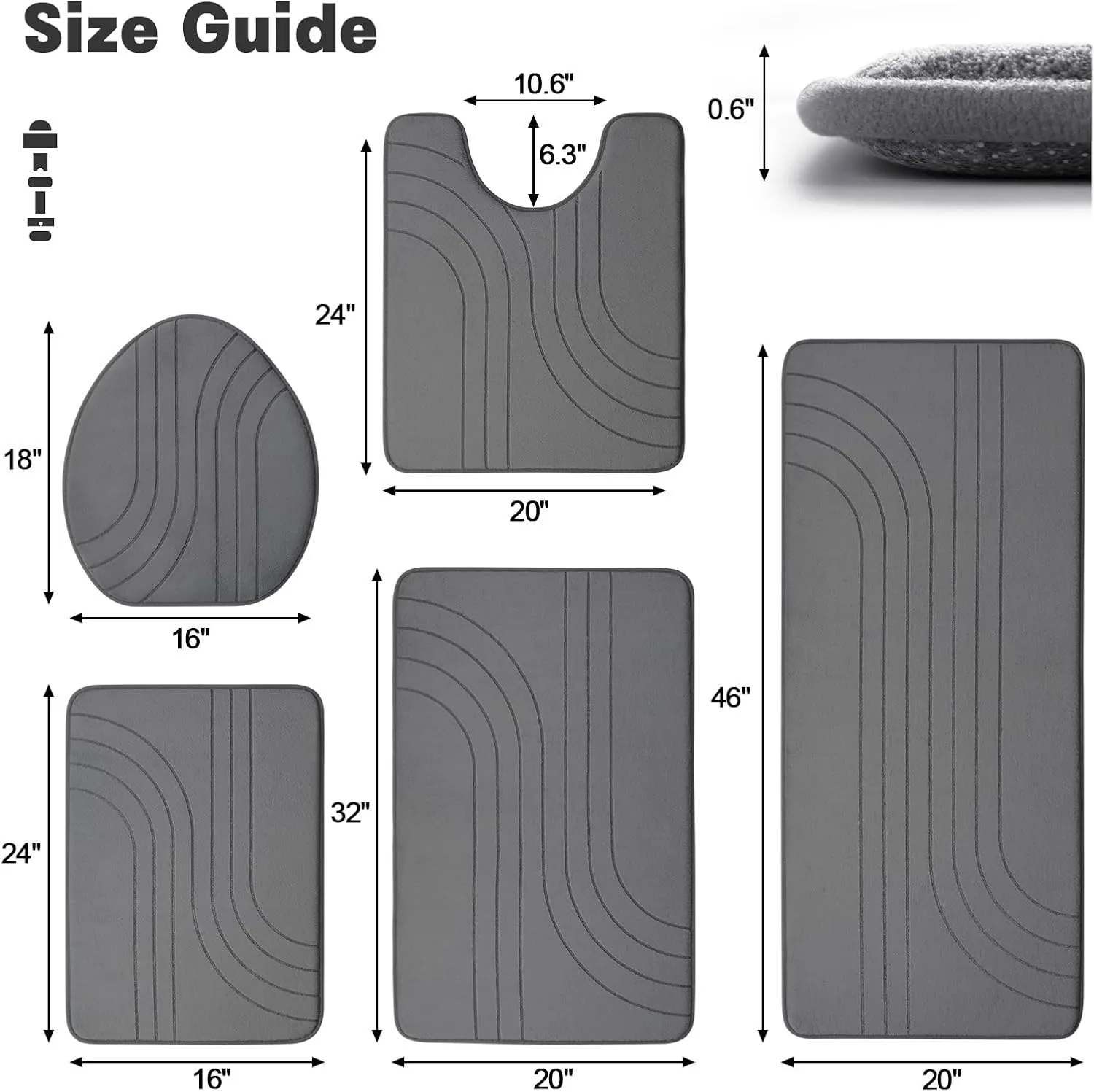 YIHOUSE Bathroom Rug Set 5 Pieces, Soft Non Slip Memory Foam Bath Mat, Extra Thick Bath Mats for Bathroom, Machine Washable Bath Rugs Set for Tub, Toilet and Floor (Dark Grey)