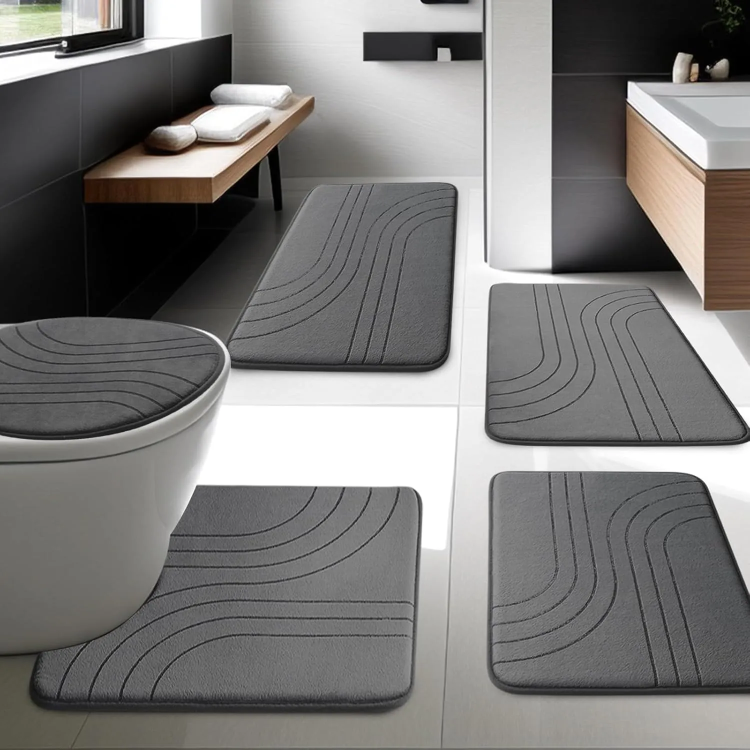 YIHOUSE Bathroom Rug Set 5 Pieces, Soft Non Slip Memory Foam Bath Mat, Extra Thick Bath Mats for Bathroom, Machine Washable Bath Rugs Set for Tub, Toilet and Floor (Dark Grey)