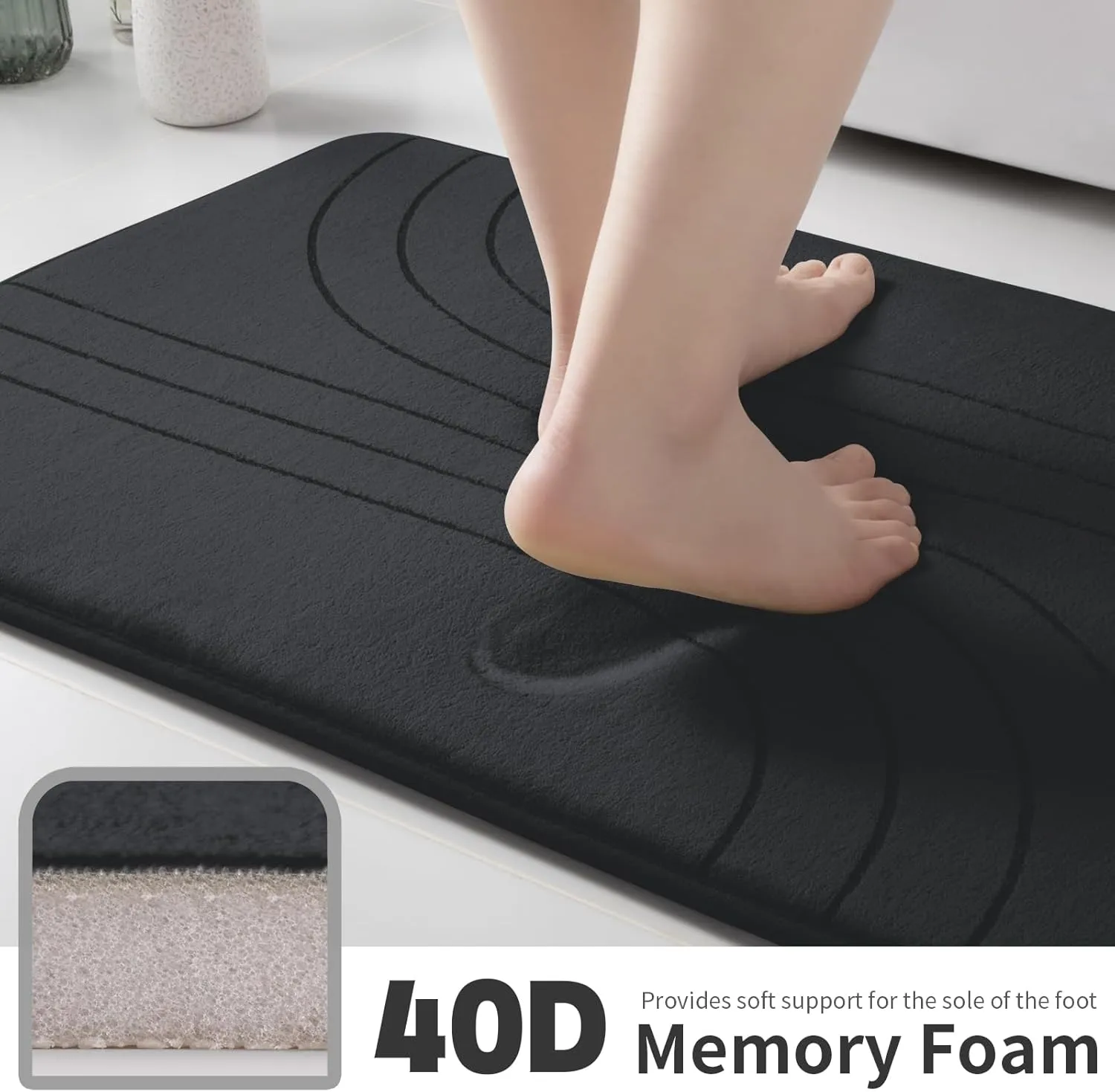 YIHOUSE Memory Foam Bathroom Rugs Set 4 Pieces, Soft Non Slip Bathroom Mats Set, Extra Thick Bath Mats for Bathroom, Machine Washable Bath Rugs for Tub, Toilet and Floor (Black)
