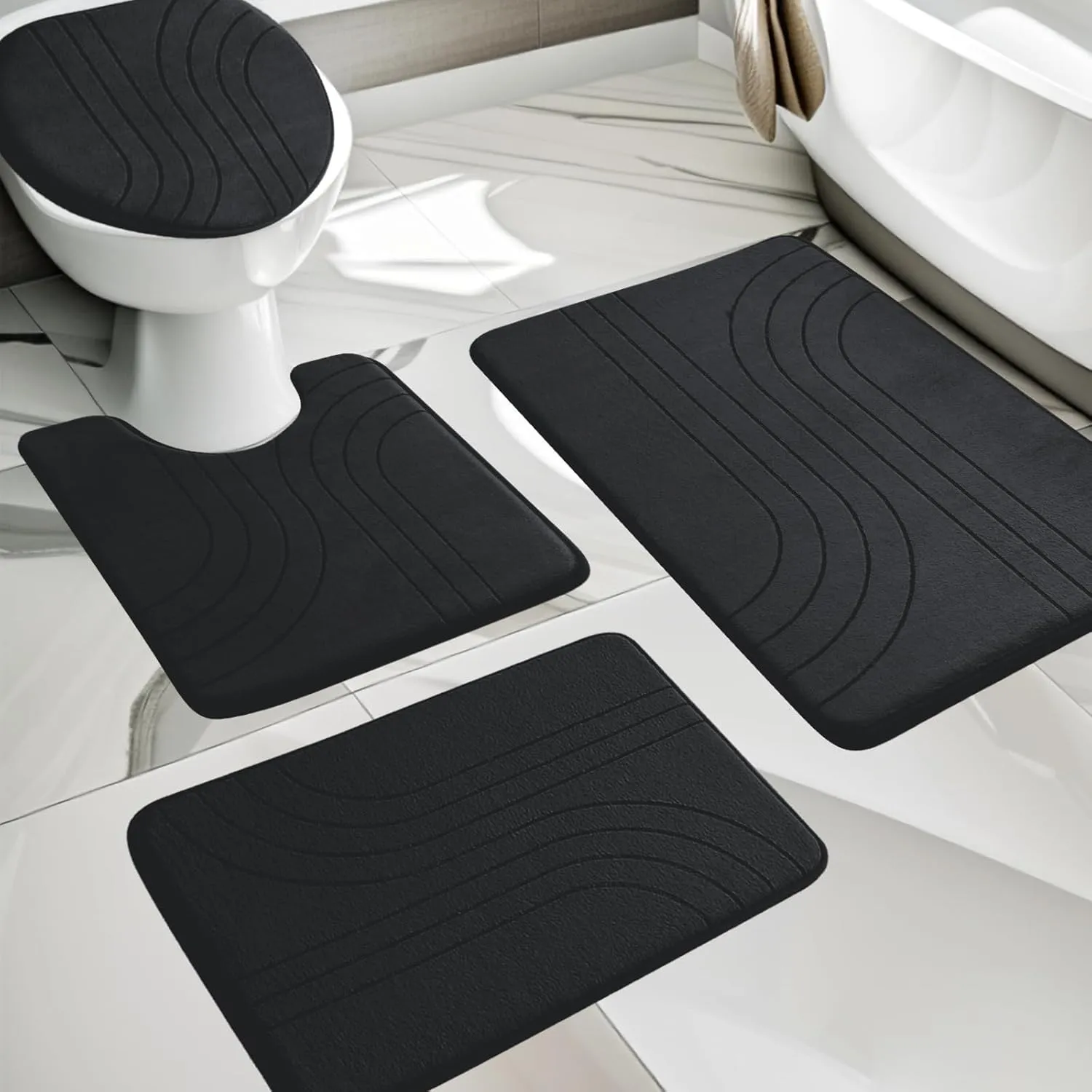 YIHOUSE Memory Foam Bathroom Rugs Set 4 Pieces, Soft Non Slip Bathroom Mats Set, Extra Thick Bath Mats for Bathroom, Machine Washable Bath Rugs for Tub, Toilet and Floor (Black)