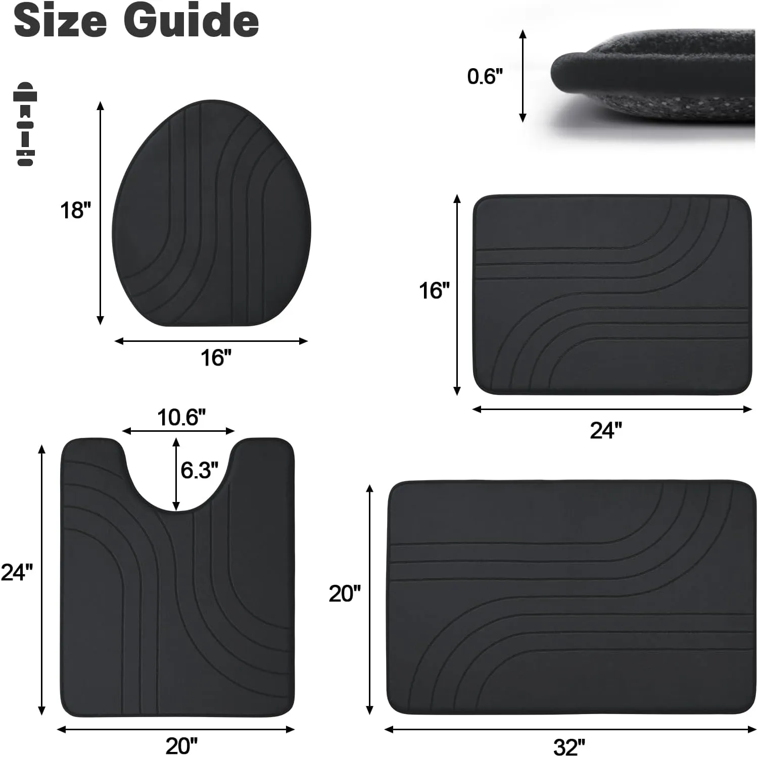 YIHOUSE Memory Foam Bathroom Rugs Set 4 Pieces, Soft Non Slip Bathroom Mats Set, Extra Thick Bath Mats for Bathroom, Machine Washable Bath Rugs for Tub, Toilet and Floor (Black)
