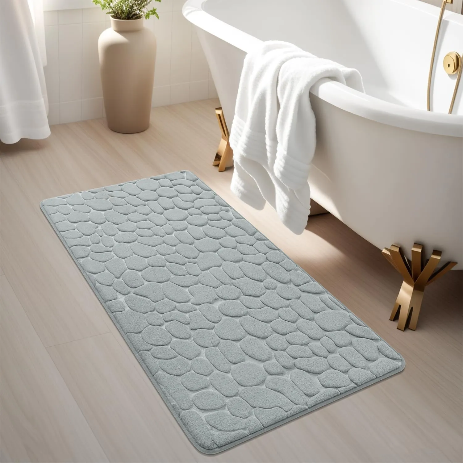YIHOUSE Memory Foam Runner Rug, Cobblestone Bathroom Runner Rugs Super Water Absorbent Bath Mats for Bathroom Machine Washable Bath Rugs Runner for Hallway Bedroom Laundry Room(26 x 50,Light Gray)