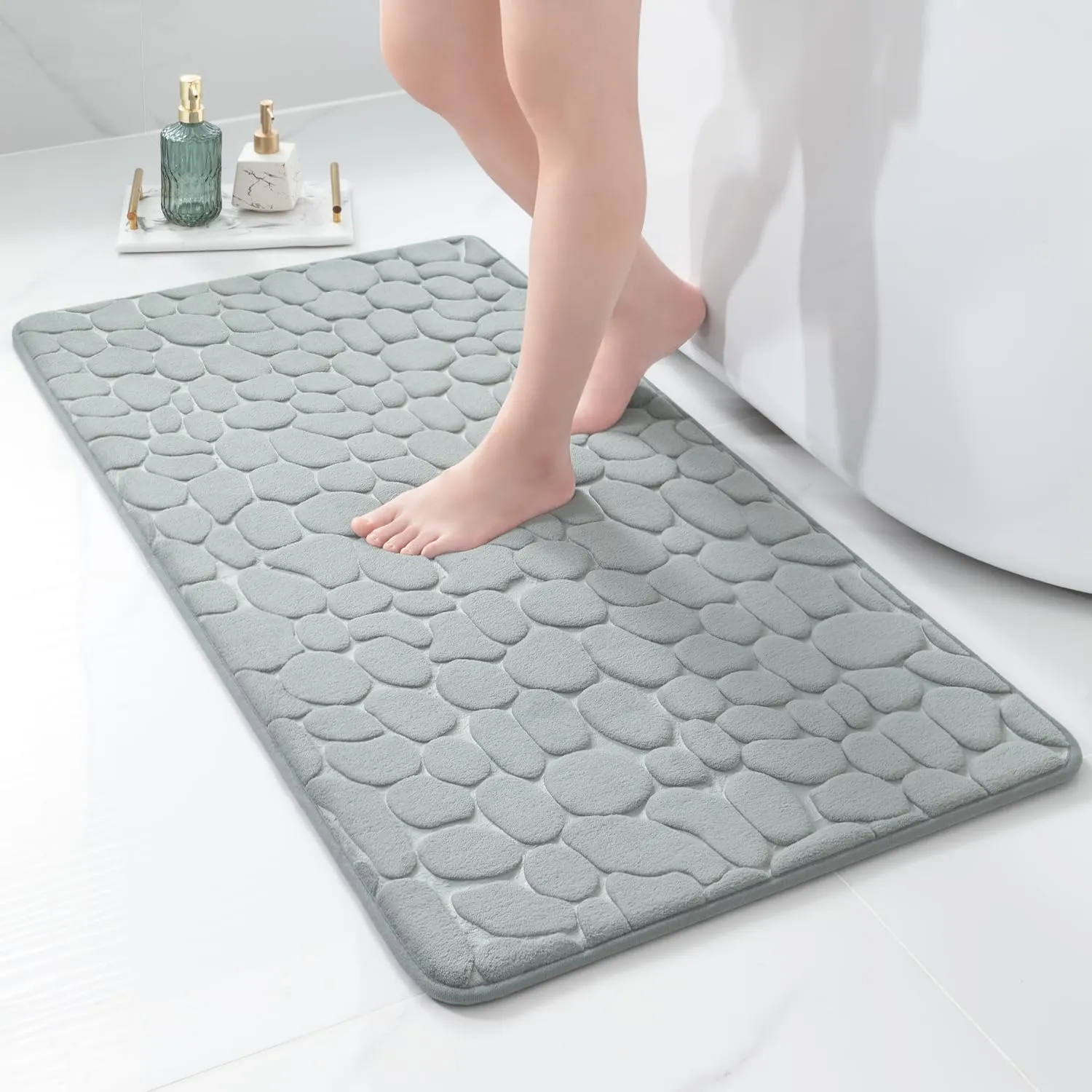YIHOUSE Memory Foam Runner Rug, Cobblestone Bathroom Runner Rugs Super Water Absorbent Bath Mats for Bathroom Machine Washable Bath Rugs Runner for Hallway Bedroom Laundry Room(26 x 50,Light Gray)