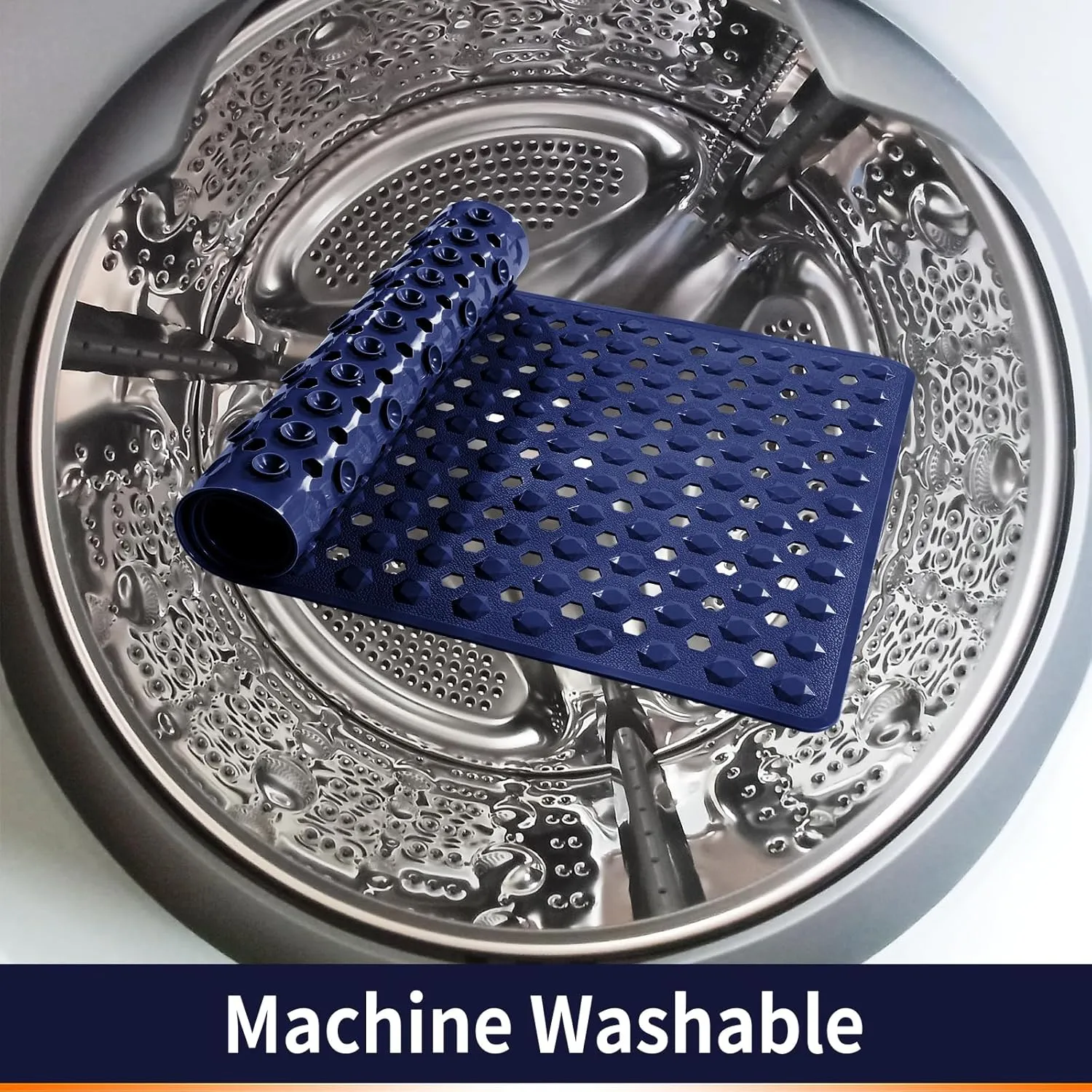 Yimobra Bathtub Shower Mat 27.5 x 15.5, Non Slip Bath Mats for Tub Floor with Drain Hole and Suction Cups, Soft on Feet, Machine Washable, Easy Dry, Dark Blue
