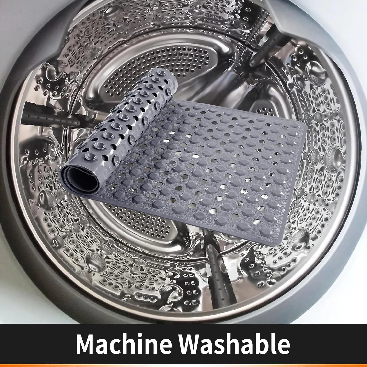 Yimobra Bathtub Shower Mat 34.5 x 15.5, Non Slip Bath Mats for Tub Floor with Drain Hole and Suction Cups, Soft on Feet, Machine Washable, Easy Dry, Grey